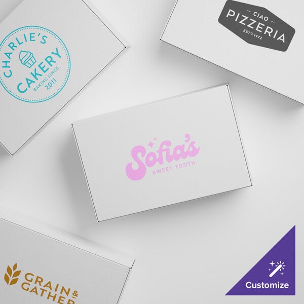 A group of white customizable 1-piece candy boxes with logos.