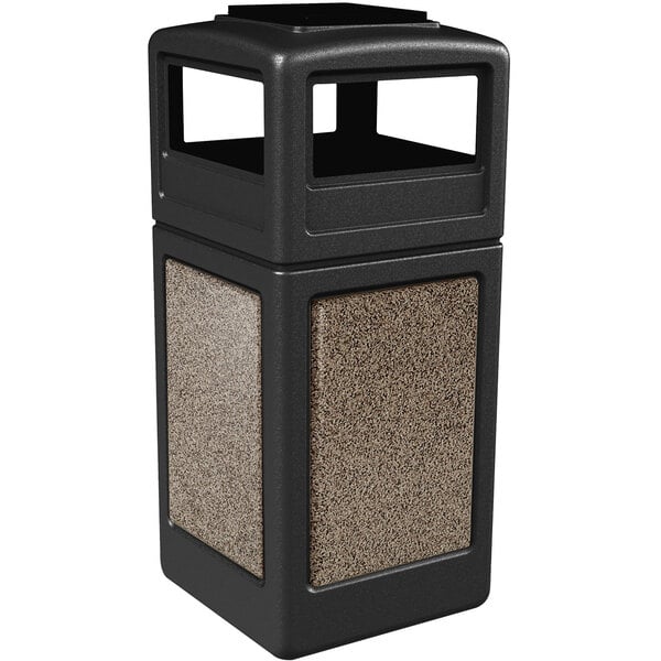 A black rectangular Commercial Zone StoneTec waste receptacle with tan riverstone panels and ashtray dome lid.