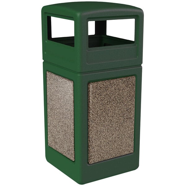 A Commercial Zone StoneTec forest green decorative trash can with riverstone panels and a dome lid.