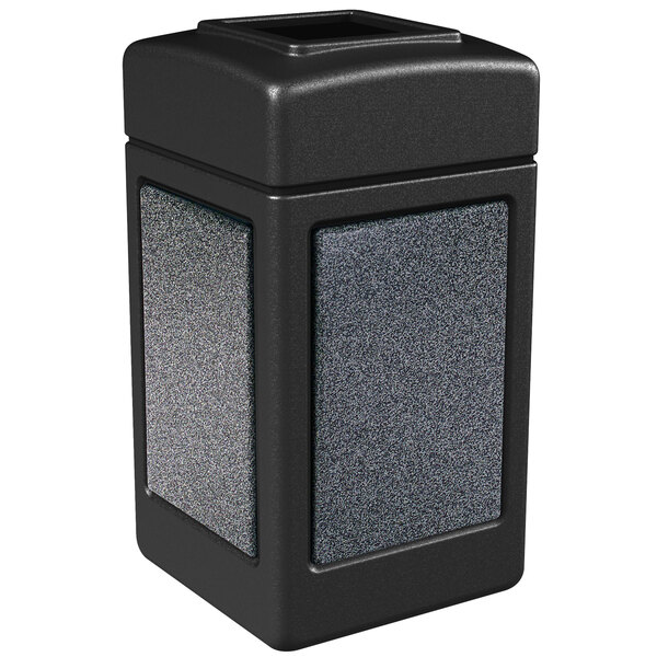 A black rectangular Commercial Zone StoneTec waste receptacle with a square top and Pepperstone panels.