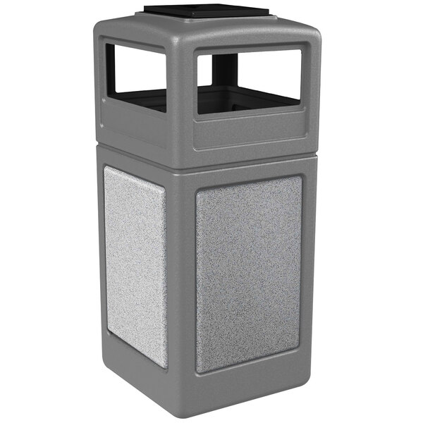 A gray Commercial Zone StoneTec waste receptacle with ashtray dome lid.