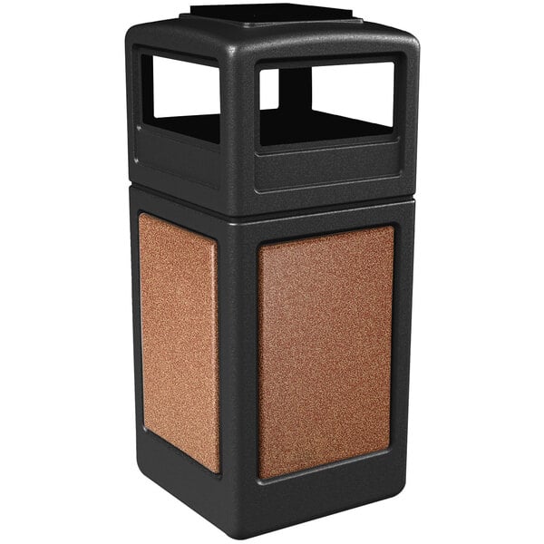 A black Commercial Zone StoneTec waste receptacle with Sedona panels and ashtray dome lid.