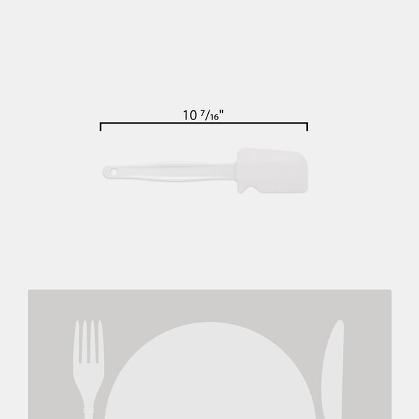 A close-up of a white Rubbermaid high temperature spatula with a grey background.