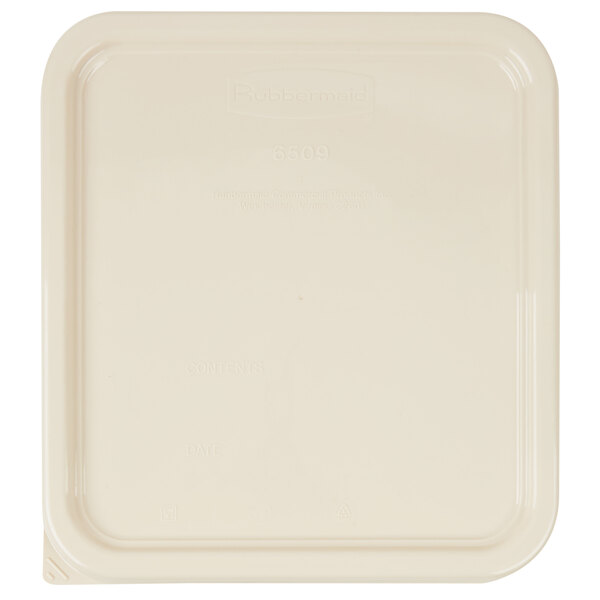 A white square Rubbermaid food storage container lid.