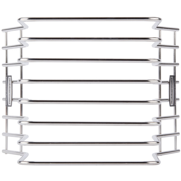 A Rubbermaid stainless steel rack with seven metal bars.