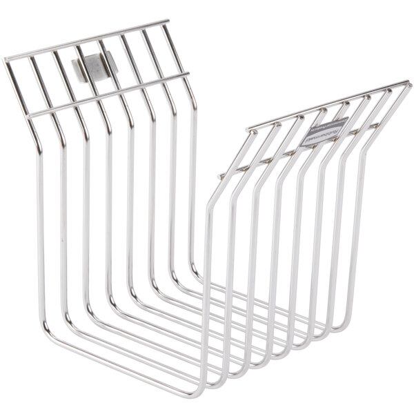 A Rubbermaid stainless steel rack with seven metal rods.