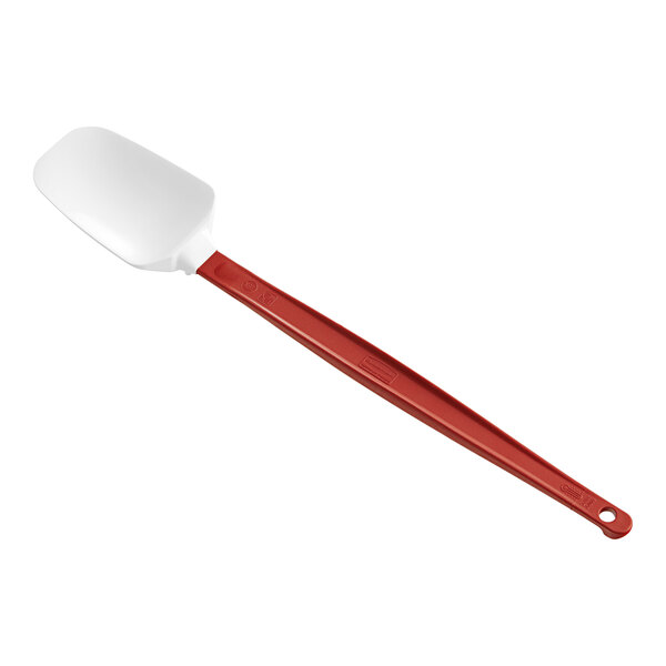 A red and white Rubbermaid spoonula with a handle.