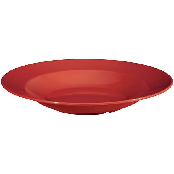 A red bowl on a white background.