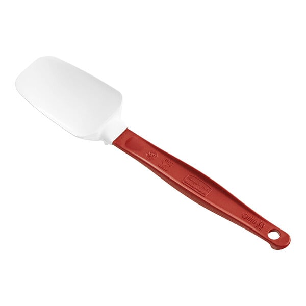 A red and white Rubbermaid spoonula with a red silicone head and white handle.