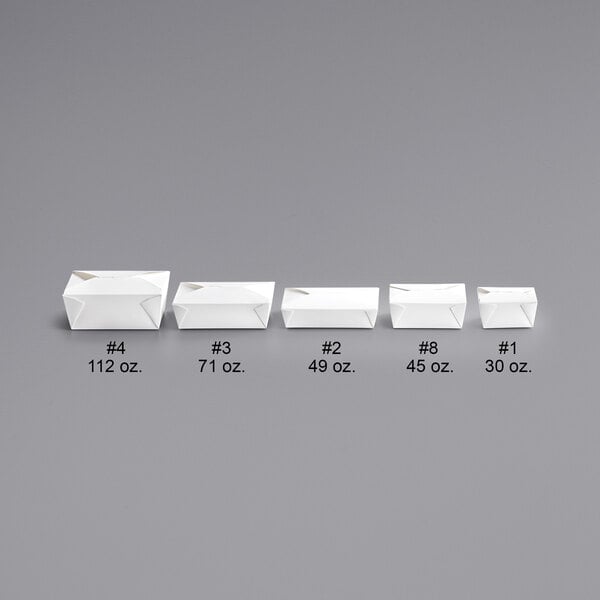 A white #4 folded paper take-out container on a white surface.