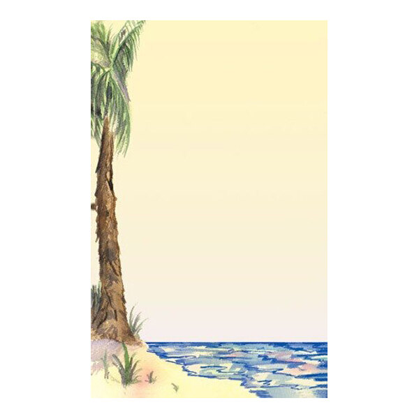 An illustration featuring a palm tree on the left, sandy beach, and blue ocean waves under a pale yellow sky.