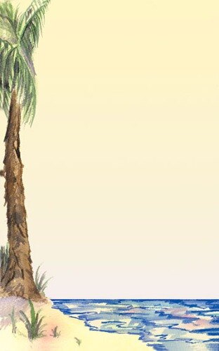 Tropical themed menu paper with a watercolor painting of a palm tree on the beach.