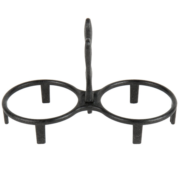 A black polyethylene stand with two round molcajete bowls in it.