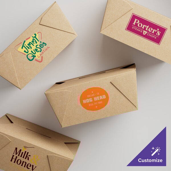 A set of customizable kraft microwavable folded paper take-out containers with various printed logos.