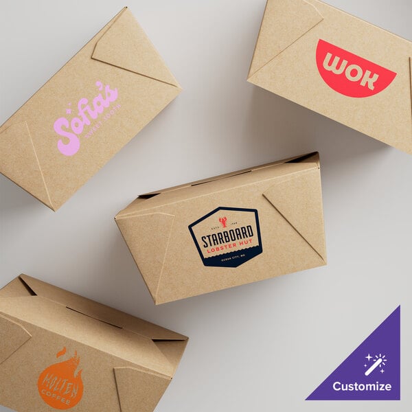 A set of customizable kraft microwavable folded paper take-out containers with various printed logos.
