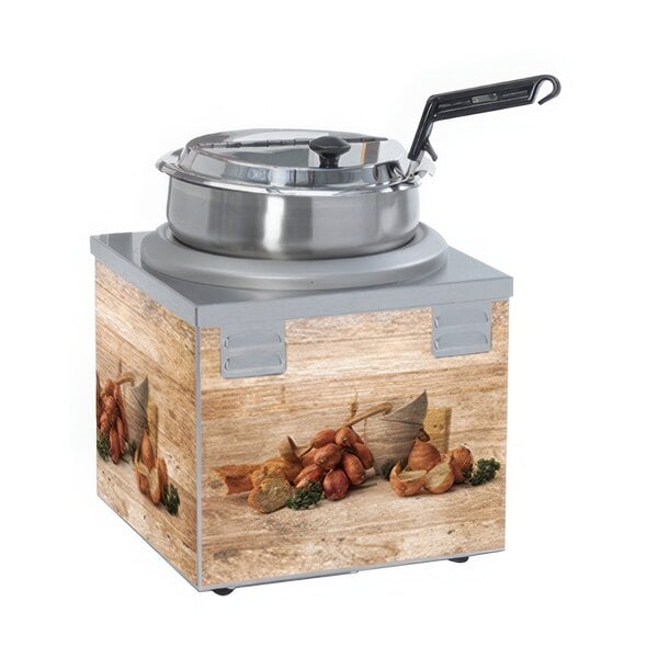 A Nemco countertop soup warmer with a metal container and lid.