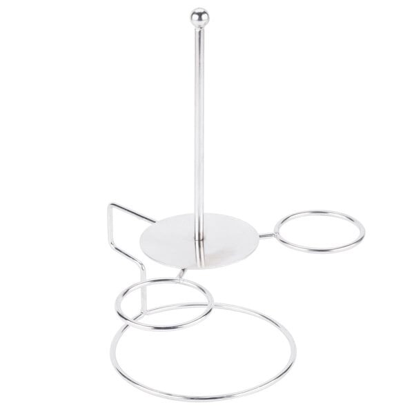 A stainless steel Clipper Mill onion ring tower stand with two ramekin holders.