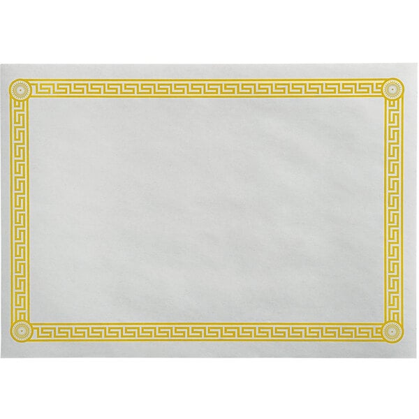 A white rectangular paper placemat with a yellow Greek key border.
