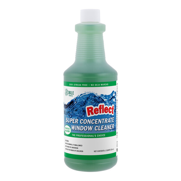 A green bottle of Noble Chemical Reflect Super Concentrated Window Cleaner with a green label.