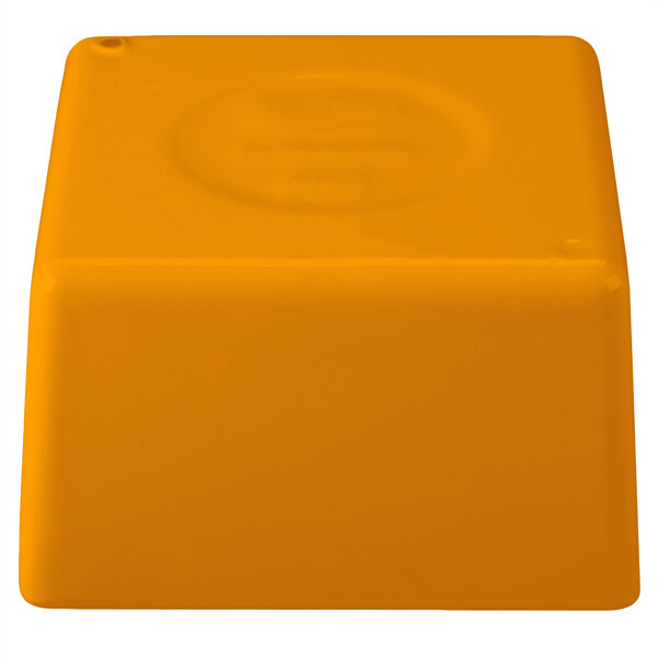 A Tablecraft orange plastic straight sided bowl with a lid.