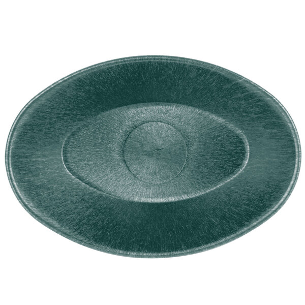 A green polyethylene oval basket with a metal rim.