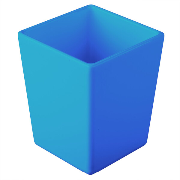 A Tablecraft sky blue square container with a lid.