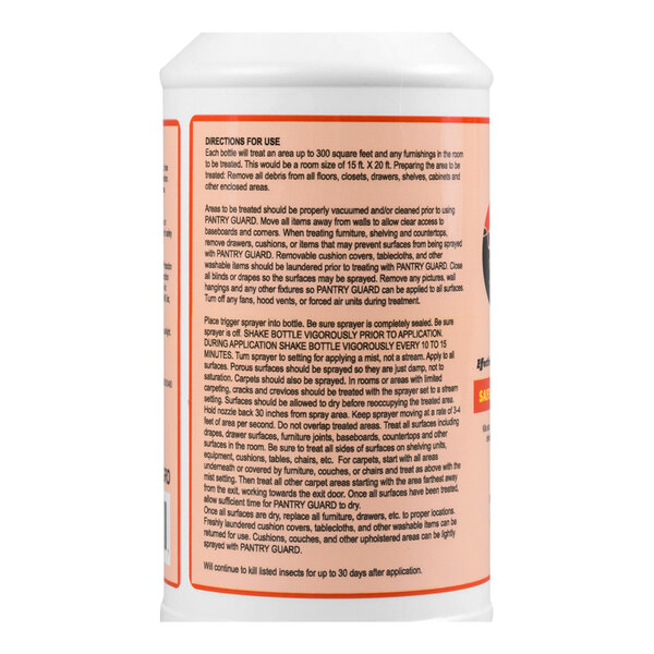 A white plastic bottle of Noble Eco Pantry Guard Food Service Safe Insect Killer Spray with usage instructions printed on the label.