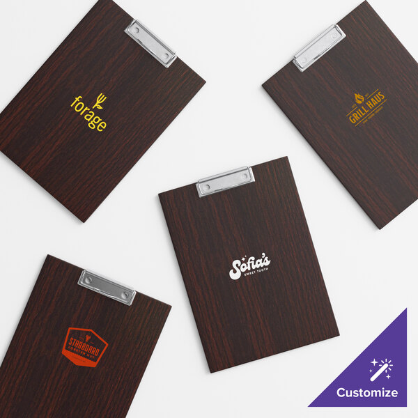 Choice 9" x 12 1/2" Customizable Dark Wood Color Menu Holder / Presenter with Clip