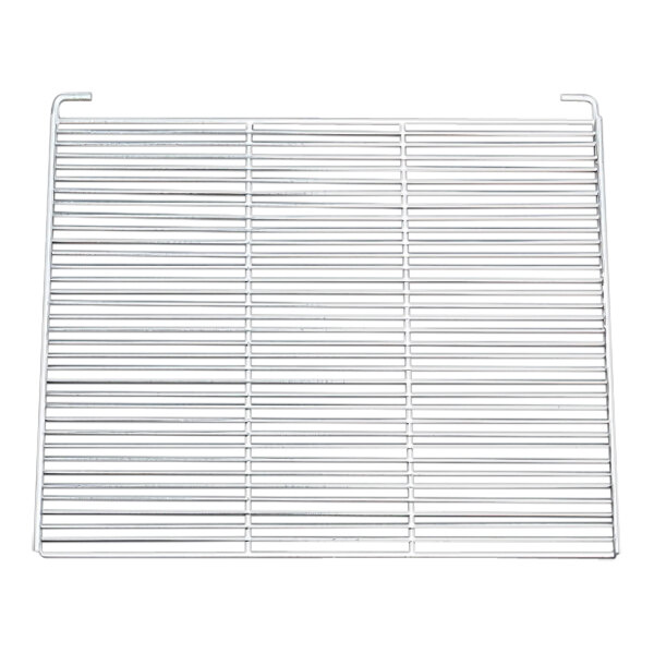 A gray coated metal grid shelf with metal bars.