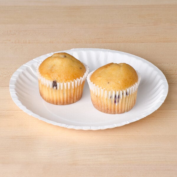 Two muffins in paper wrappers on a white paper plate.