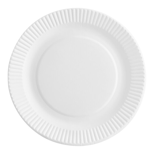 A plain white uncoated paper plate with a fluted edge.