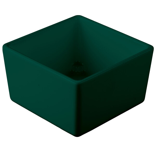 A dark green square Tablecraft bowl with a lid.
