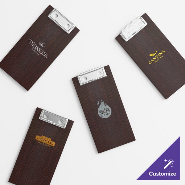 Choice 4" x 8" Customizable Dark Wood Color Menu Holder / Check Presenter with Clip