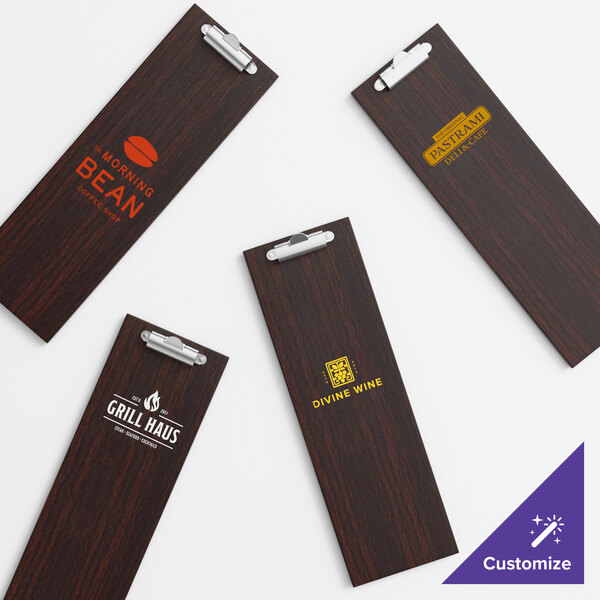 Choice 4 1/2" x 12 1/2" Customizable Dark Wood Color Menu Holder / Presenter with Clip