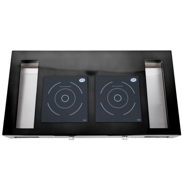 A black rectangular Tablecraft induction station with two black circular cooktops.