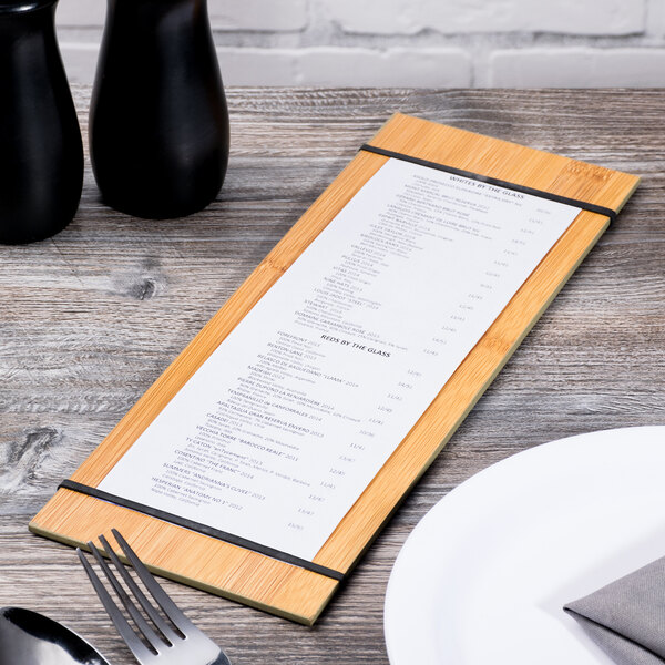Menu Holder Choice 12 1/2" x 4 1/2" Natural Wood Menu Holder with Straps