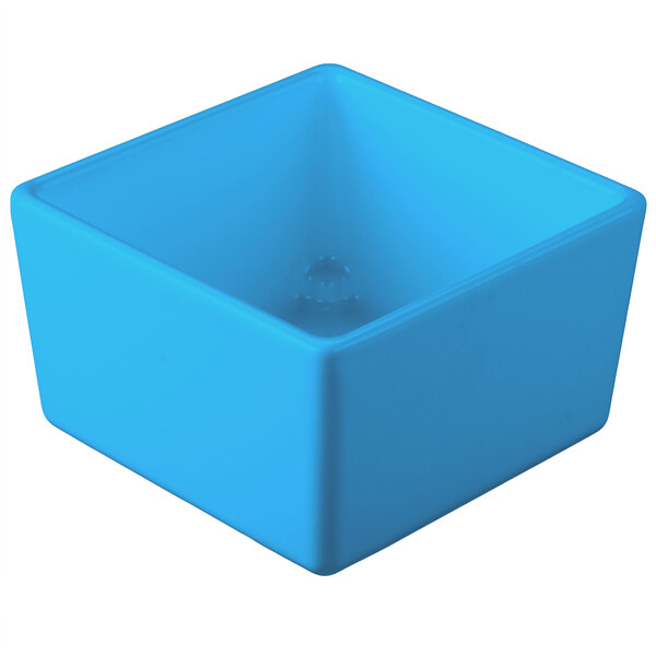 A blue square Tablecraft bowl with straight sides.