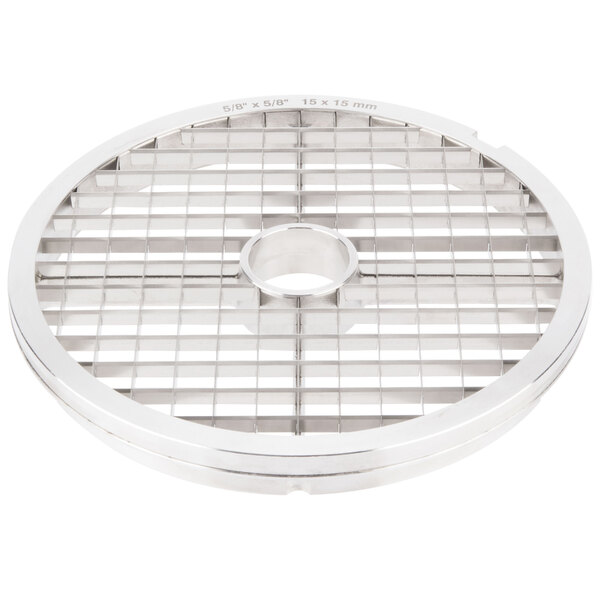 A round stainless steel Hobart low dicing grid with holes.