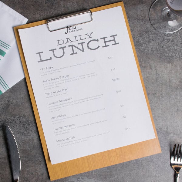 Clipboard with a daily lunch menu attached