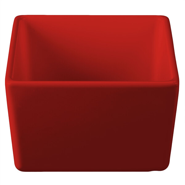 A red square Tablecraft bowl with a white background.