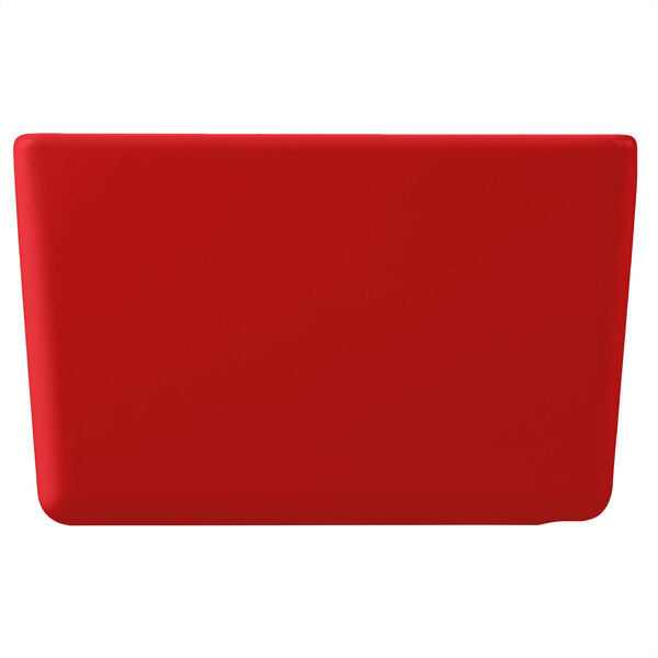 A red rectangular Tablecraft bowl with white border.