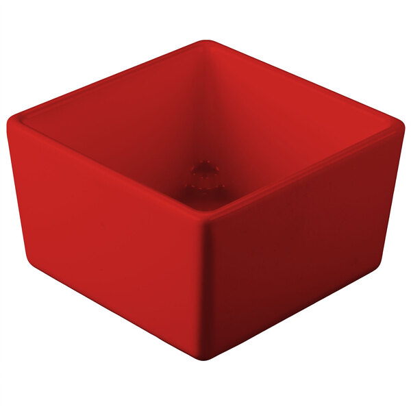 A red square Tablecraft bowl with a white background.