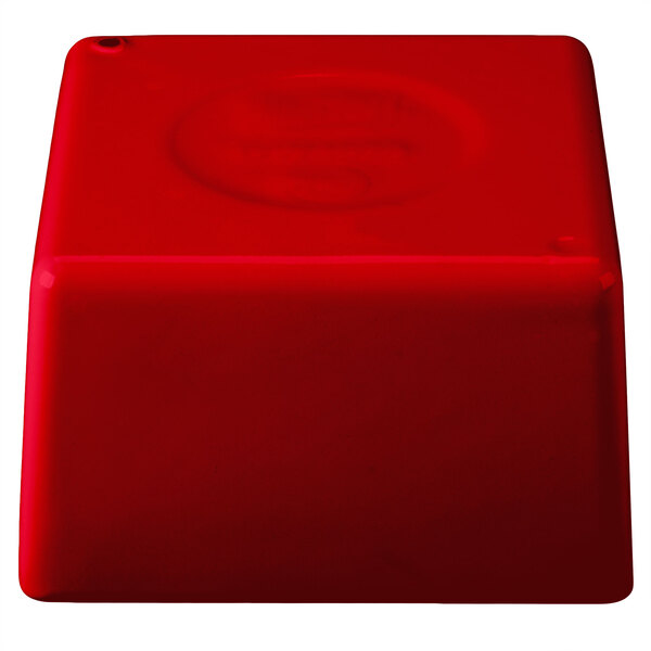 A red Tablecraft straight sided bowl with a logo on the side.