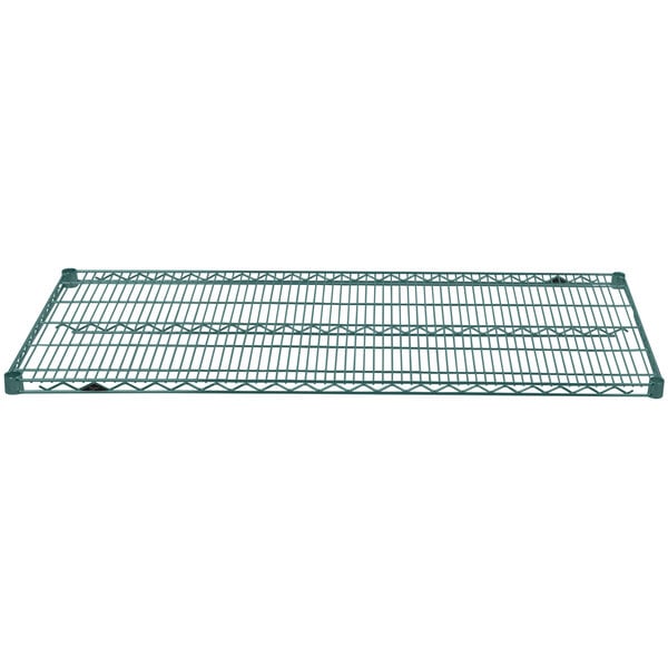 A close-up of a Metro Super Erecta Metroseal 3 green wire shelf.