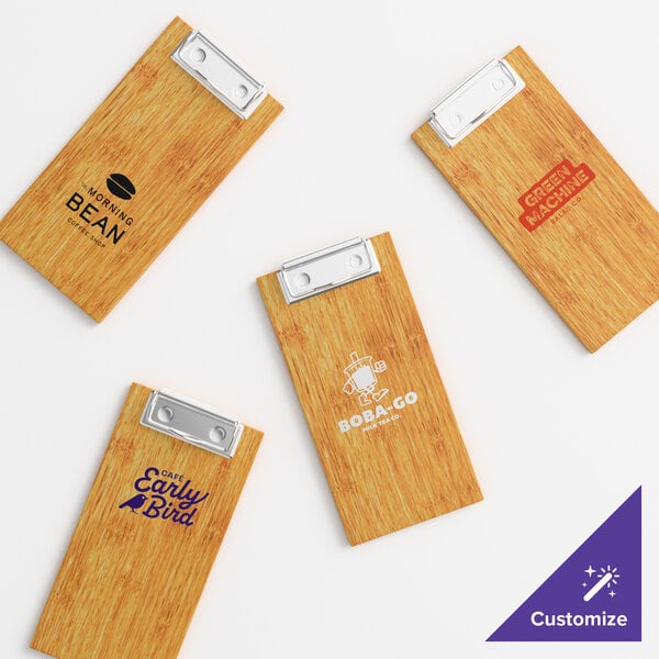 Choice 4" x 8" Natural Wood Color Menu Holder / Check Presenter with Clip