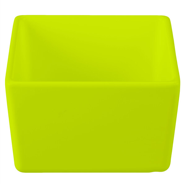 A lime green square container with straight sides.