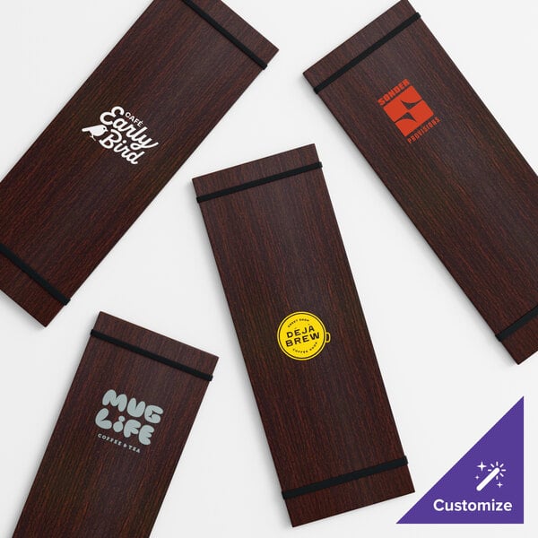 Choice 4 1/2" x 12 1/2" Customizable Dark Wood Color Menu Holder / Presenter with Straps