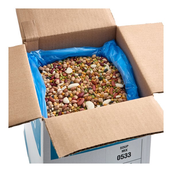 A large open cardboard box containing a 20-pound mix of dried beans for soup.