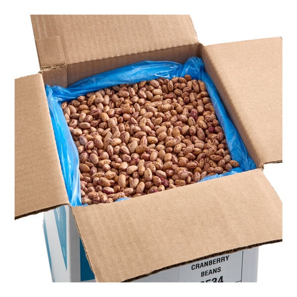 A large open cardboard box filled with dried cranberry beans in a blue plastic liner.