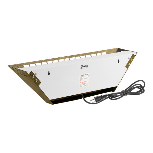 A gold and white wall sconce insect light trap with a power cord, designed for indoor use.